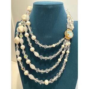Vintage Multi-Strand Glass & Faux Pearl Statement Necklace